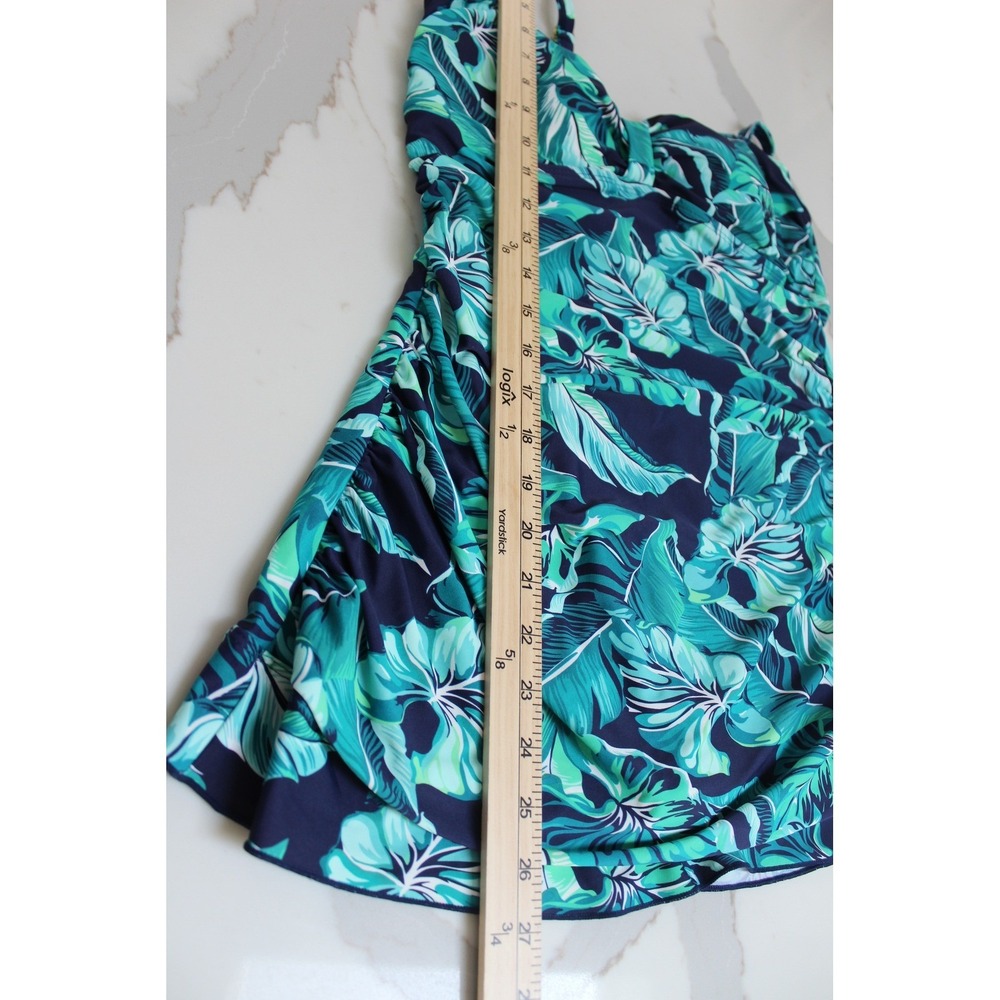 Shore Shapes Swimdress Teal Green Tropical Leaf Ruched Swimsuit Size 12 - Picture 4 of 10
